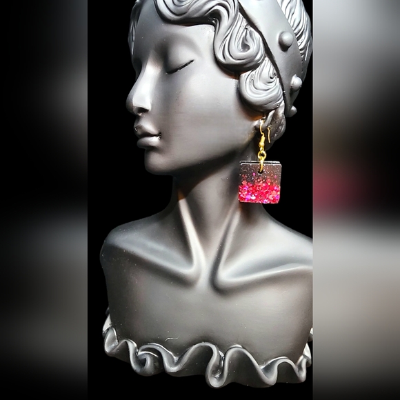 Handmade Pink & Black Gothic Shimmer Square Earrings - Picture 2 of 3